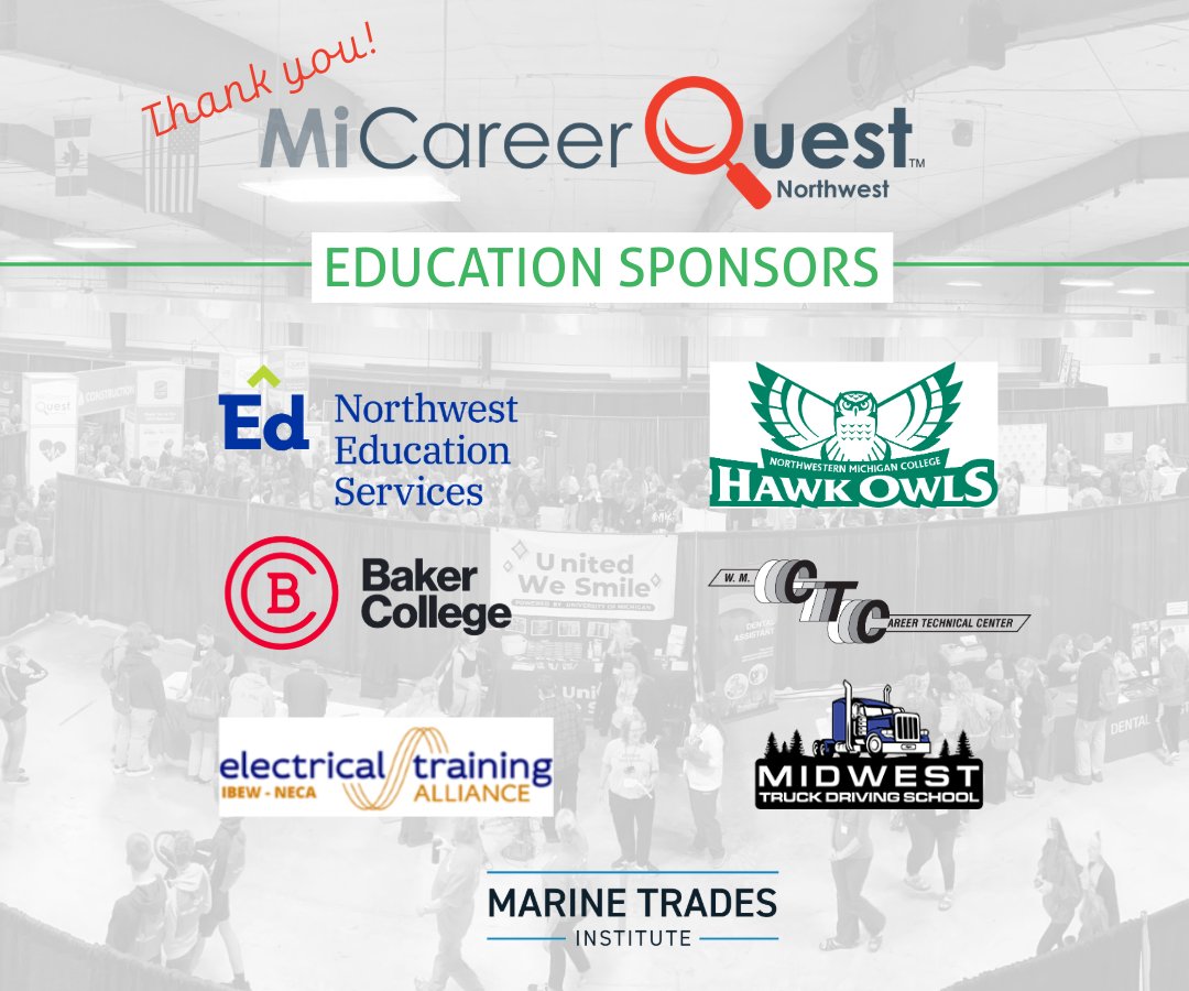 NWMichiganWorks's tweet photo. 🎉 Only 8 days until MiCareerQuest Northwest 2025! 🎉  We are thankful for our 📚Educational Sponsors 🎓

#MICQNW25 #CareerExploration #ThankYouSponsors #FutureWorkforce #NWMiWorks #NetworksNorthwest #LetsNetwork #LetsWork https://t.co/QOhjzDfYQg