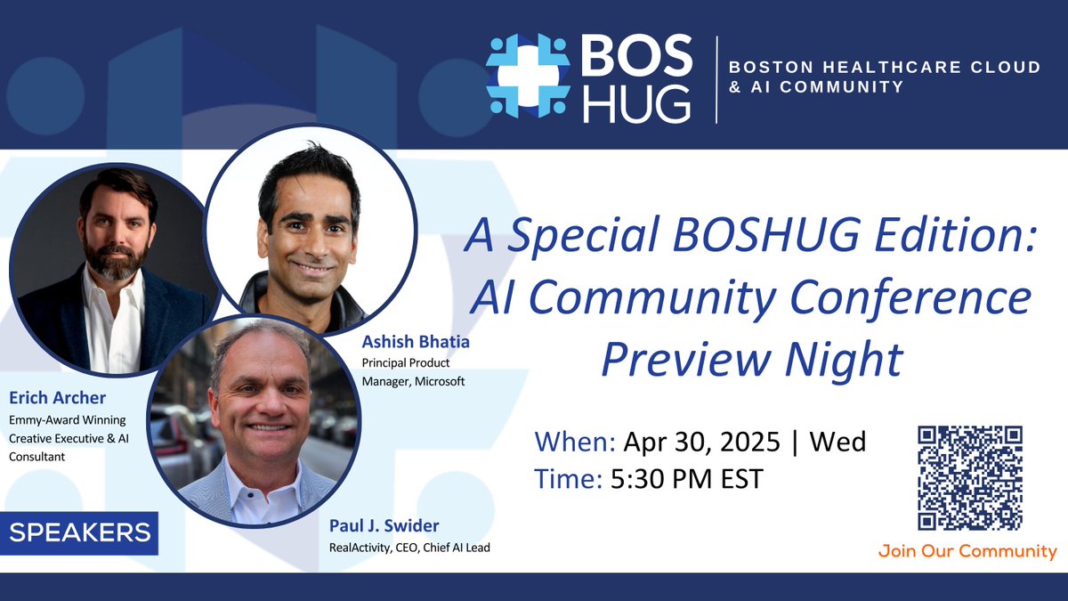 Conference insights, community setting.
BOSHUG Preview Night starts 5:30 PM. Last-minute seats open now.

RSVP: eventbrite.com/e/boston-healt…

#BOSHUG #AICO #AICommunity #BostonTech #HealthTech #AIinHealthcare #communityrocks
