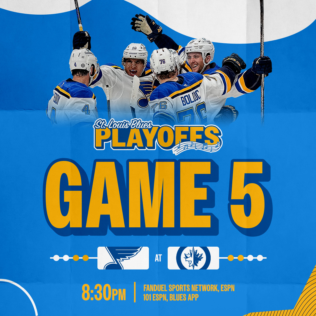 Game 5. You ready?

🏒 Blues at Jets
🕘 8:30 p.m. CT
📺 FanDuel Sports Network, <a href="/espn/">ESPN</a>
📻 <a href="/101espn/">101 ESPN St. Louis</a>, Blues App

#stlblues | #WeAllBleedBlue