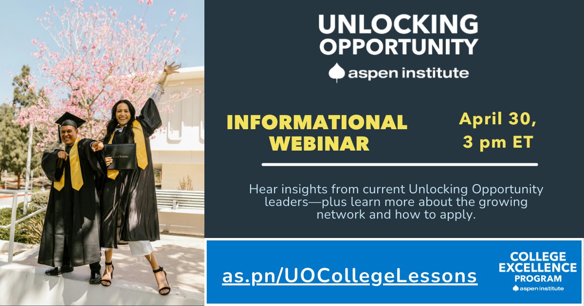 AspenHigherEd's tweet image. ⏰ Reminder: The #UnlockingOpportunity webinar is TODAY at 3 p.m. ET! Learn how your college can join a national network driving reforms for student success and economic mobility.
📅 The deadline to apply has been extended to May 12: highered.aspeninstitute.org/programs/unloc…