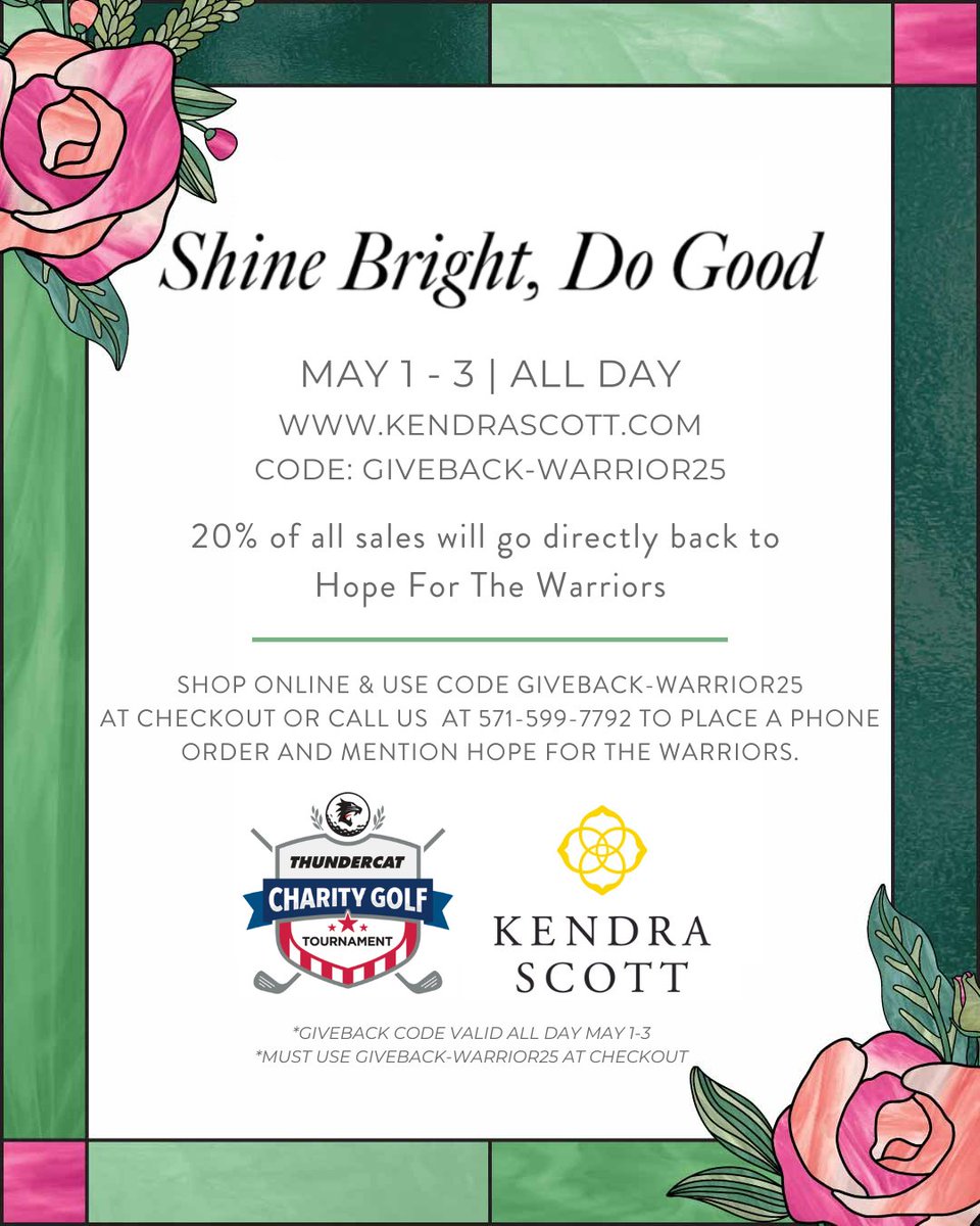 ThunderCat Tech (@thundercat_tech) on Twitter photo We’re thrilled to partner with Kendra Scott to support <a href="/hope4warriors/">Hope For The Warriors</a> as part of our 8th Annual Golf Tournament!
From May 1–3, shop for the perfect Mother’s Day gift and use the code GIVEBACK-WARRIOR25 at checkout. 20% of your purchase will be donated directly to HOPE. We’re thrilled to partner with Kendra Scott to support <a href="/hope4warriors/">Hope For The Warriors</a> as part of our 8th Annual Golf Tournament!
From May 1–3, shop for the perfect Mother’s Day gift and use the code GIVEBACK-WARRIOR25 at checkout. 20% of your purchase will be donated directly to HOPE.