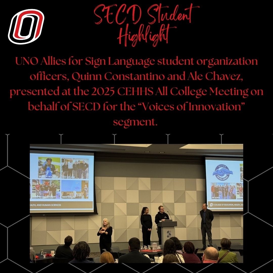 UNOSECD's tweet image. SECD Shoutout to UNO Allies for Sign Language student officers, Quinn Constantino and Ale Chavez, who presented at the 2025 CEHHS All College Meeting! #educationmatters #asl @UNOSECD @SCEC_UNO @UNOCEHHS @UNOmaha @UNOGradStudies @UNOAlumni @UNOExpl