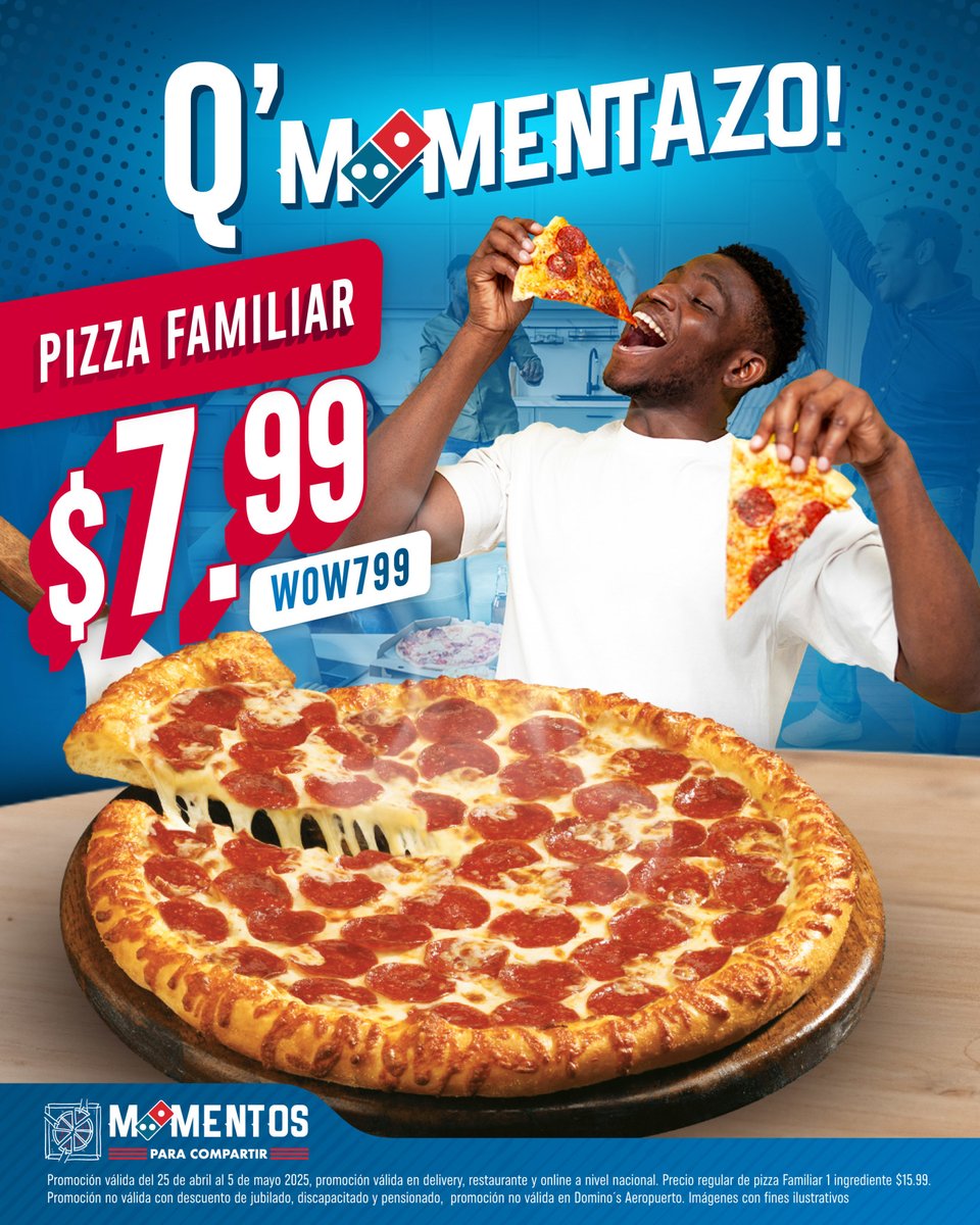 🍕 ¡Compartir con tus frenes es un Momentazo! 🎉

Por solo $7.99 disfruta de una pizza familiar con tu ingrediente favorito 😱

¡Ordena ahora! ✨ Pide llamando, por la App o por la Web.

#MomentosParaCompartir #DominosPanamá #PizzaTime #DeliveryPanamá