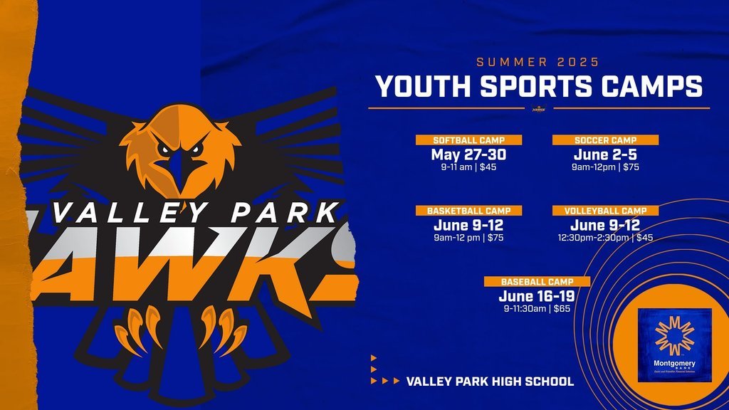 Mark your calendars! Valley Park Youth Sports Camp dates are set. Sign-up instructions can be found in your school newsletter and on our website at vpschools.org/athletics #VPPride #GoHawks