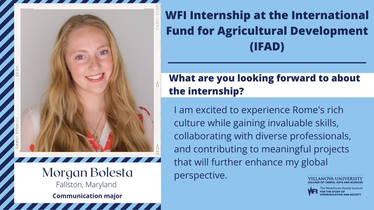 Waterhouse Family Institute (@waterhouseinst) on Twitter photo Introducing Fall Semester 2025 WFI Intern, Morgan Bolesta! Please help us congratulate Morgan, a <a href="/VillanovaComm/">Villanova Comm Dept</a> student selected to work <a href="/IFAD/">International Fund for Agricultural Development</a> in Rome, Italy. Introducing Fall Semester 2025 WFI Intern, Morgan Bolesta! Please help us congratulate Morgan, a <a href="/VillanovaComm/">Villanova Comm Dept</a> student selected to work <a href="/IFAD/">International Fund for Agricultural Development</a> in Rome, Italy.