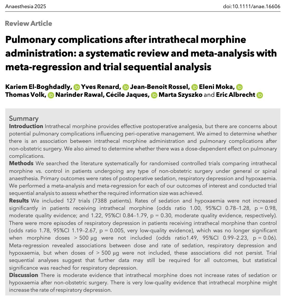 • There is moderate evidence that intrathecal morphine does not increase rates of sedation or hypoxaemia after non-obstetric surgery. 

• There is very low-quality evidence that IT morphine might ⬆️ the rate of respiratory depression.

<a href="/elboghdadly/">Kariem</a> <a href="/DrEAlbrecht/">Eric Albrecht</a>

#anaesthesia