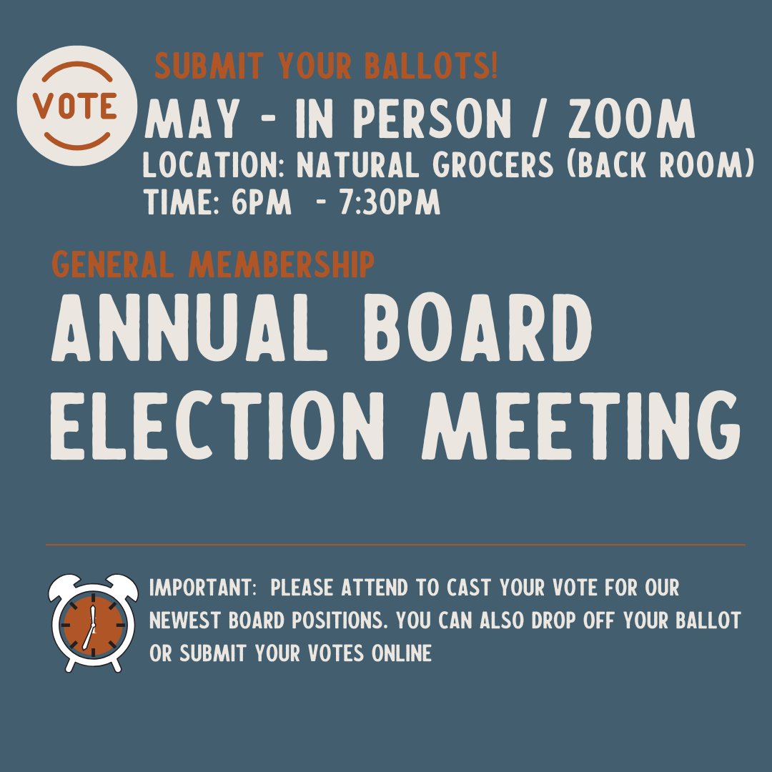 Our annual membership meeting will be IN PERSON/Zoom on May 21st at 6pm at Natural Grocer's Community Room (In the back).  All are welcome!  

Please remember to submit your vote on the ballot via online link, mailed in paper ballot, or in person at the board meeting.