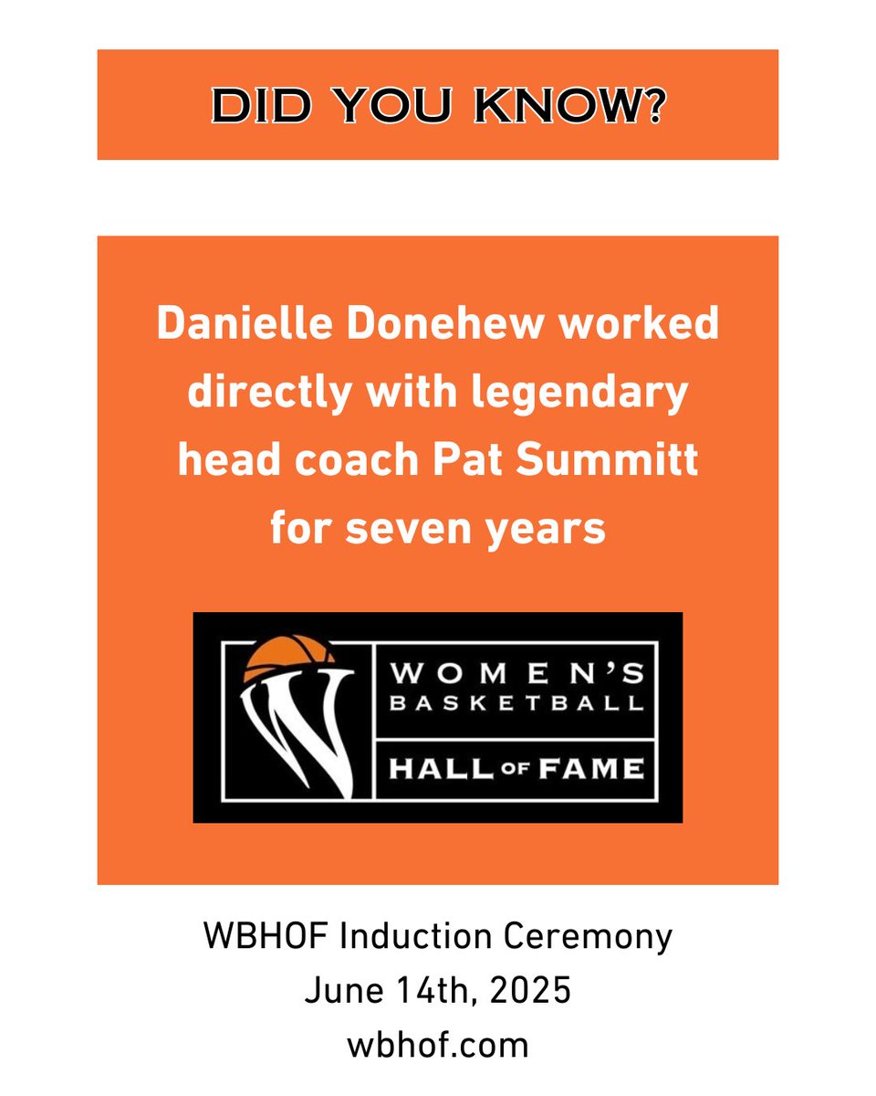 WBHOF (@wbhof) on Twitter photo Did you know this fact about Class of 2025 Inductee, Danielle Donehew (<a href="/WBCA1981/">Women’s Basketball Coaches Association</a>)?! Check out wbhof.com for more information about our Class of 2025!
#WBHOF #HonorCelebratePromote #DanielleDonehew #WBCA #VisitWBHOF #WBHOFKnoxville Did you know this fact about Class of 2025 Inductee, Danielle Donehew (<a href="/WBCA1981/">Women’s Basketball Coaches Association</a>)?! Check out wbhof.com for more information about our Class of 2025!
#WBHOF #HonorCelebratePromote #DanielleDonehew #WBCA #VisitWBHOF #WBHOFKnoxville