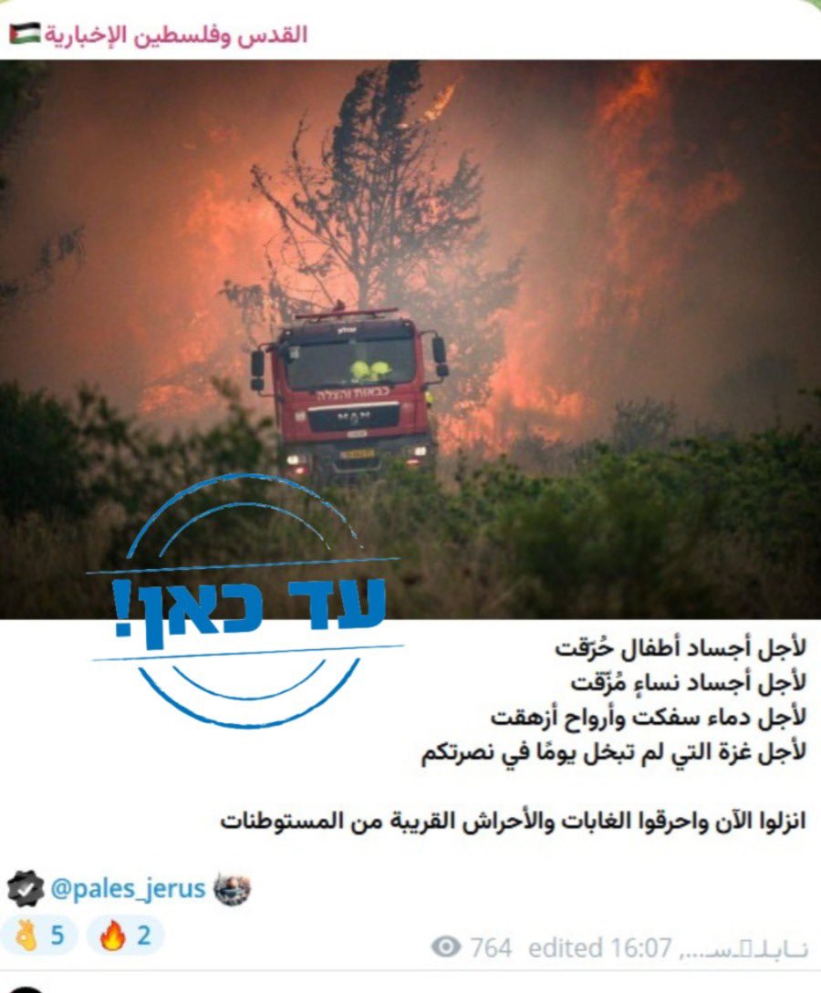 “Palestinians”: “You stole our land. Give us back our land. We love our land.”

Also, “Palestinians”: “Let’s burn the land in its entirety!”

If you still think their agenda is a state, you’re a dangerous fool.