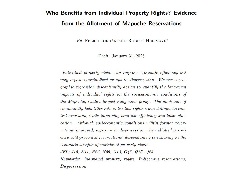 David Evans (@daveevansphd) on Twitter photo Pluses & minuses of shift to individual property rights in Chile felipejordanc-static.s3.amazonaws.com/static/home/do… "Socioeconomic conditions within former reservations improved" BUT "dispossession when allotted parcels were sold prevented reservations’ descendants from sharing in the economic benefits." Pluses & minuses of shift to individual property rights in Chile felipejordanc-static.s3.amazonaws.com/static/home/do… "Socioeconomic conditions within former reservations improved" BUT "dispossession when allotted parcels were sold prevented reservations’ descendants from sharing in the economic benefits."