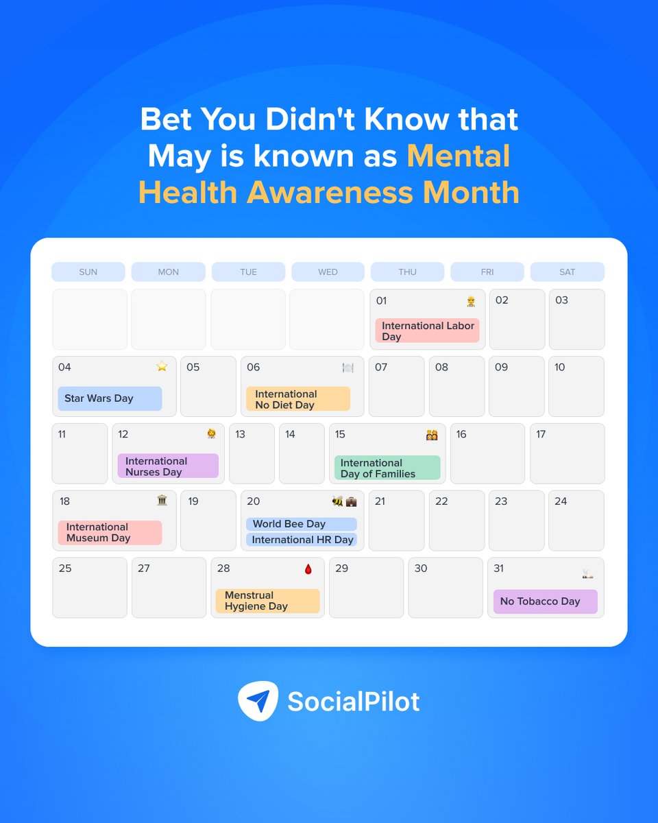 socialpilot_co's tweet image. Running out of post ideas? 
Here’s your May cheat sheet 📅

From Star Wars Day to Mental Health Awareness Month, there are a lot of days you can make content on!

🔖 Save it now
⚡ Plan faster
😌 Stress less

#SocialMediaManager #ContentCalendar #SMMtips…