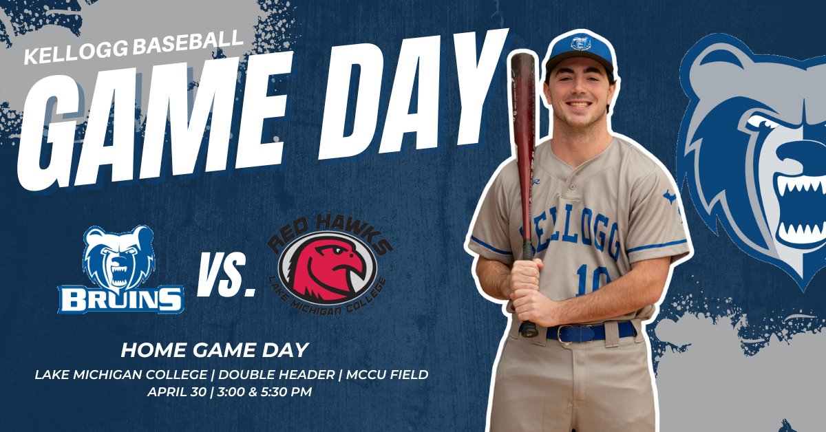 Kellogg Community College Athletics (@kelloggbruins) on Twitter photo ⚾️ <a href="/BaseballKellogg/">Kellogg CC Baseball</a> Home Game Day!
🆚 Lake Michigan College
🕒 3:00 & 5:30 PM ET (double header)
🏠 MCCU Field | Bailey Park
🎥 web.gc.com/teams/feoeiUz3…
#BruCru #GreatDayToBeABruin #BruinStrong ⚾️ <a href="/BaseballKellogg/">Kellogg CC Baseball</a> Home Game Day!
🆚 Lake Michigan College
🕒 3:00 & 5:30 PM ET (double header)
🏠 MCCU Field | Bailey Park
🎥 web.gc.com/teams/feoeiUz3…
#BruCru #GreatDayToBeABruin #BruinStrong