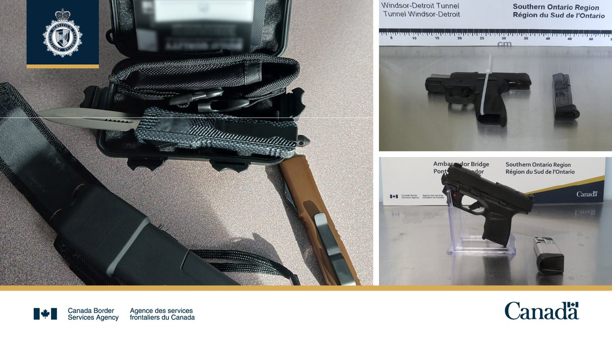 CanBorder's tweet photo. This week, #CBSA officers at #SouthernOntario ports of entry seized 3 handguns, 2 knives, 2 stun guns, 3 brass knuckles, 4 magazines and 70 rounds of ammo. Undeclared weapons can lead to seizure, fines and charges. #WeeklyWeaponsWrap https://t.co/O3S6XSFjan
