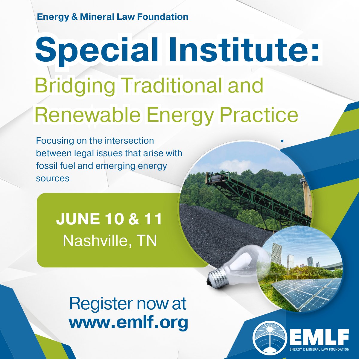 Register for EMLF's Special Institute: Bridging Traditional and Renewable Energy Practice, June 10-11, 2025 in Nashville: ow.ly/JvhL50VF5PG #EMLF25 #EnergyLaw ⚖️ ☀️ 🌬️ 🛢️