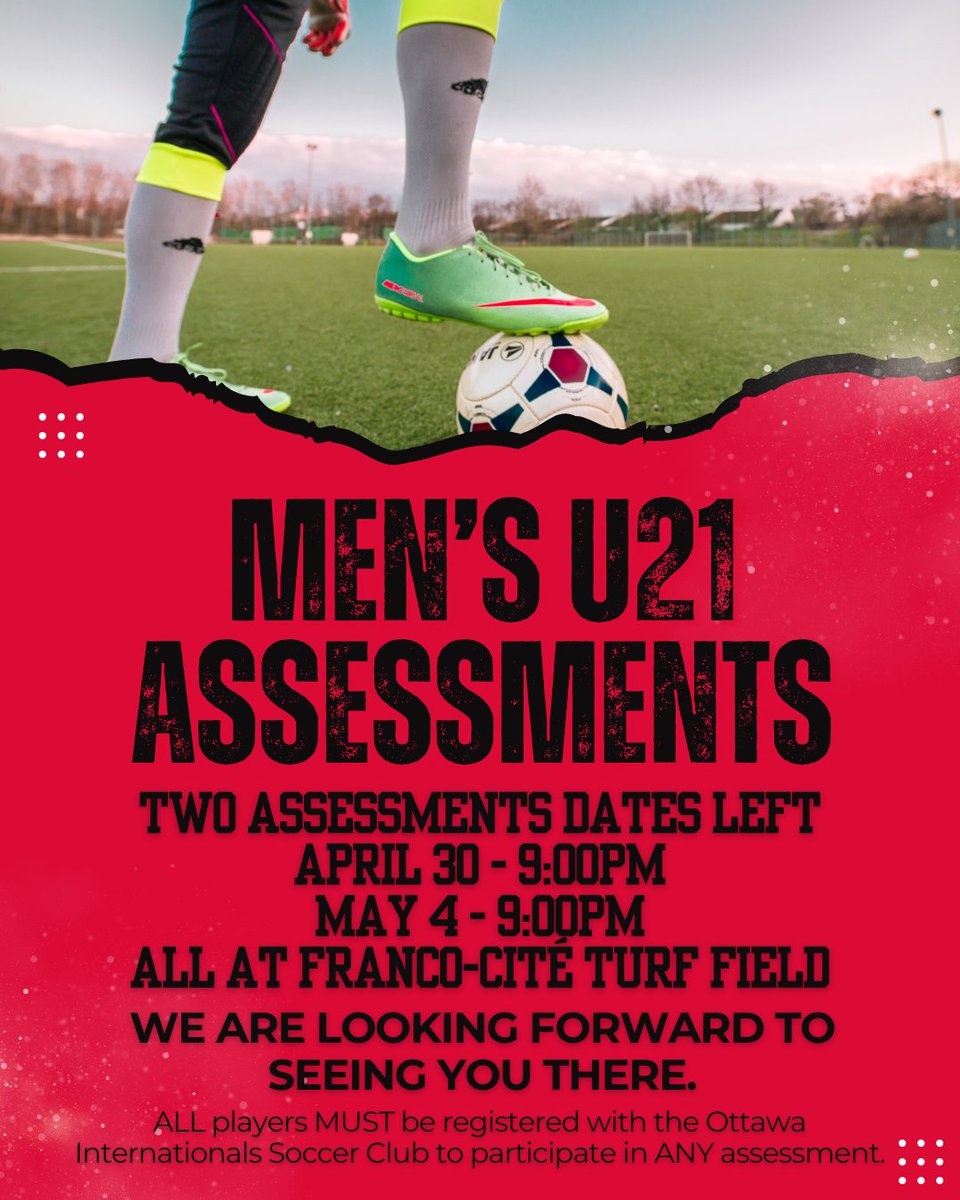 OttawaIntSoccer's tweet image. 🚨 Assessments are HALFWAY THROUGH!

Men’s &amp;amp; Women’s Competitive + Women’s U21 ⚽️

Elite training. Top leagues. Real development.

Take the next step in your soccer journey! 💪

📋 Register now:  ottawasoccer.com/register/

#OISC #SoccerPathway #U21Soccer #WomensSoccer #MensSoccer