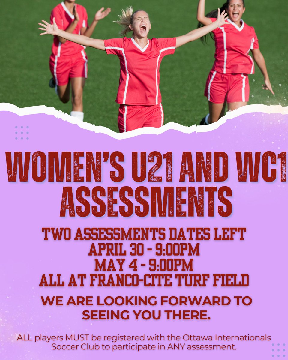 OttawaIntSoccer's tweet image. 🚨 Assessments are HALFWAY THROUGH!

Men’s &amp;amp; Women’s Competitive + Women’s U21 ⚽️

Elite training. Top leagues. Real development.

Take the next step in your soccer journey! 💪

📋 Register now:  ottawasoccer.com/register/

#OISC #SoccerPathway #U21Soccer #WomensSoccer #MensSoccer