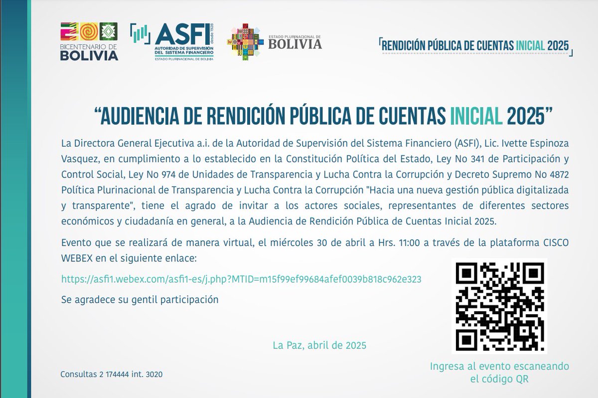 #ProtegiendoAlConsumidorFinanciero | La Autoridad de Supervisión del Sistema Financiero (ASFI) invita a la ciudadanía a participar en la Rendición Pública de Cuentas Inicial 2025.
#RendiciónPúblicaDeCuentasInicial2025
#UnPaísUnidoEsUnPaísMásFuerte
#2025AñoDelBicentenario