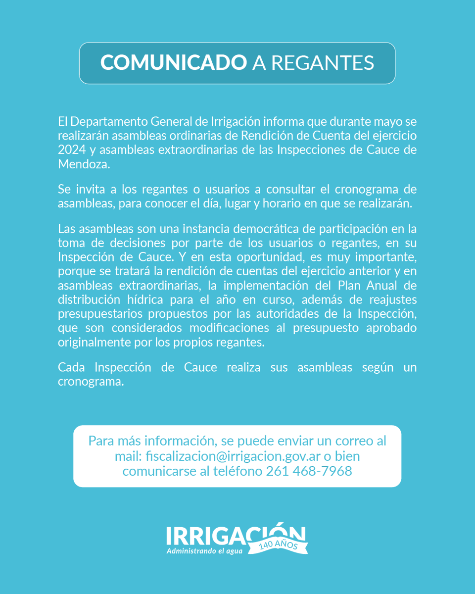 IrrigacionMza's tweet image. #Asambleas COMUNICADO A REGANTES
