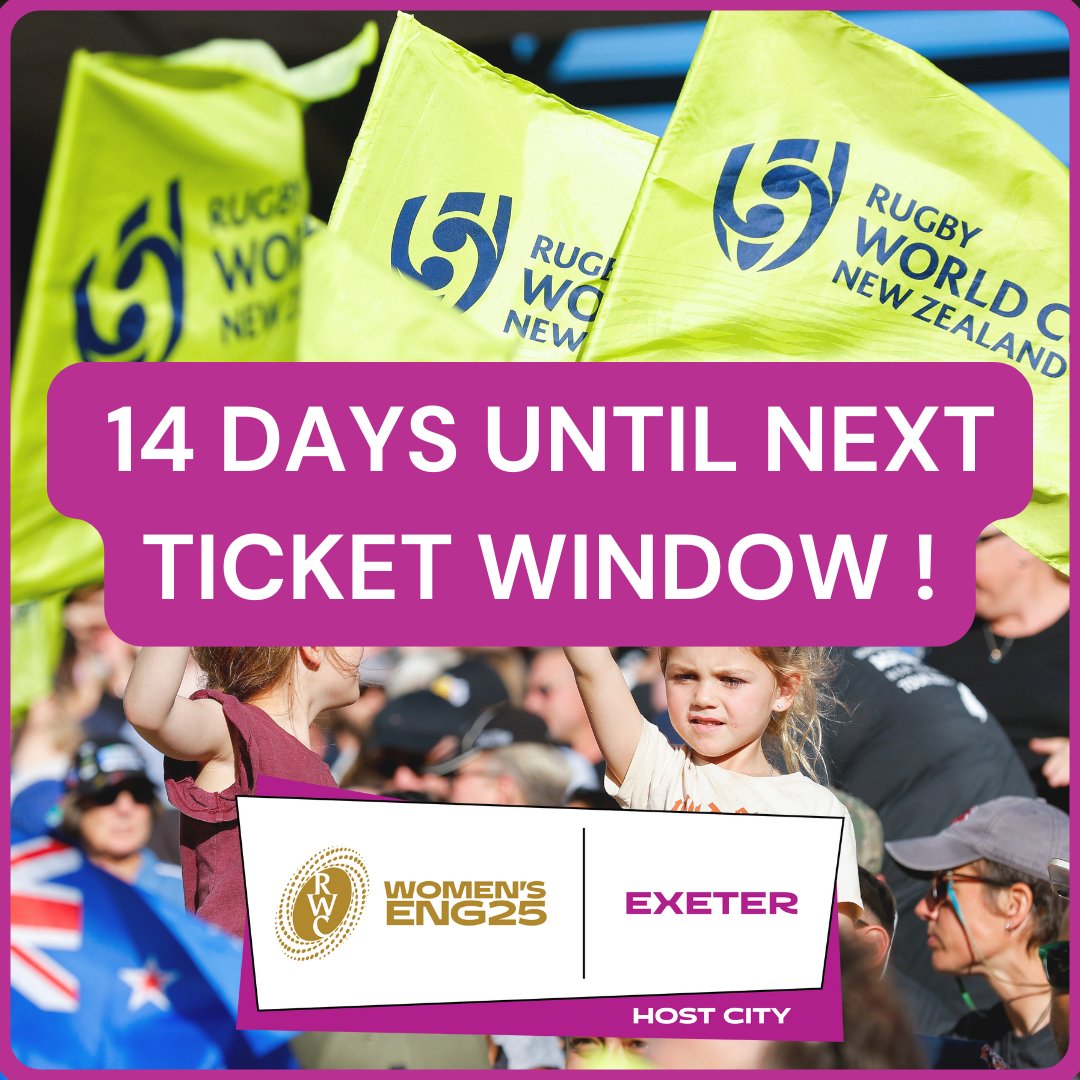 Women's Rugby World Cup 2025 ticket news🎉

The countdown continues, with tickets back on sale 9am, Wed 14 May.🎟️

Sandy Park will welcome reigning champs New Zealand, as well as Canada, Fiji, Brazil, Japan, Wales &amp; Scotland. France &amp; Italy feature in the opening game on 23 Aug.