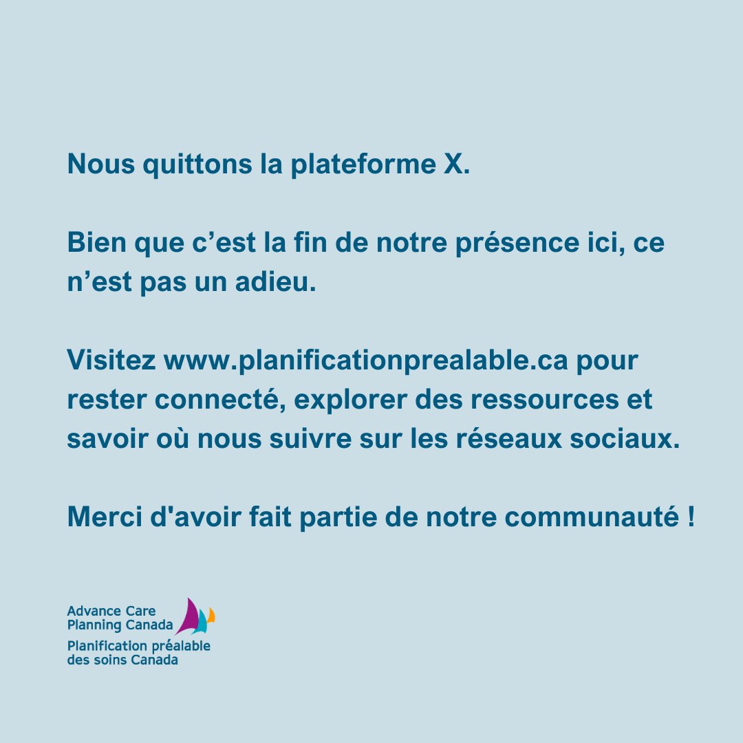 AdvanceCarePlan's tweet image. We&apos;re signing off from X. Visit advancecareplanning.ca to stay connected and explore resources.   

Nous quittons la plateforme X. Visitez planificationprealable.ca pour rester connecté et explorer des ressources.