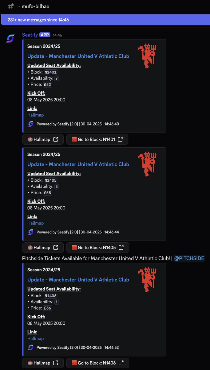SeatifyUK's tweet image. 🚨 Huge ticket drop earlier for #MUFC vs Bilbao at 14:46. 

Lots of pairs all throughout the stadium in all blocks.

Approx. 800+ tickets were released. All snapped up within 10 minutes. 

Over 280+ alerts were instantly sent to our members when the drop happened. 📲📢