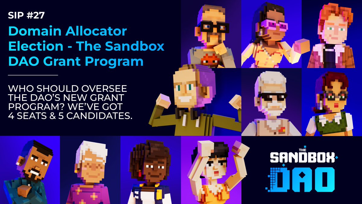 The Sandbox DAO (@thesandboxdao) on Twitter photo 💸 Meet the newly elected Sandbox DAO Grant Program (SDGP) Domain Allocators (DAs)
<a href="/yuelwolf/">Yuel Wolf</a>: Web3 Integration
<a href="/mrLanzer/">Lanzer</a>: Community Engagement
<a href="/TheVisionEx/">Joseph TheVisionEx Madding</a>: Season Rewards & Game Creation
<a href="/GSEGDMoney/">Money 🦍</a>: Education, Onboarding, & Tech
💭 Discussions:
Forum.SandboxDAO.com/t/sip-27-da-el… 💸 Meet the newly elected Sandbox DAO Grant Program (SDGP) Domain Allocators (DAs)
<a href="/yuelwolf/">Yuel Wolf</a>: Web3 Integration
<a href="/mrLanzer/">Lanzer</a>: Community Engagement
<a href="/TheVisionEx/">Joseph TheVisionEx Madding</a>: Season Rewards & Game Creation
<a href="/GSEGDMoney/">Money 🦍</a>: Education, Onboarding, & Tech
💭 Discussions:
Forum.SandboxDAO.com/t/sip-27-da-el…