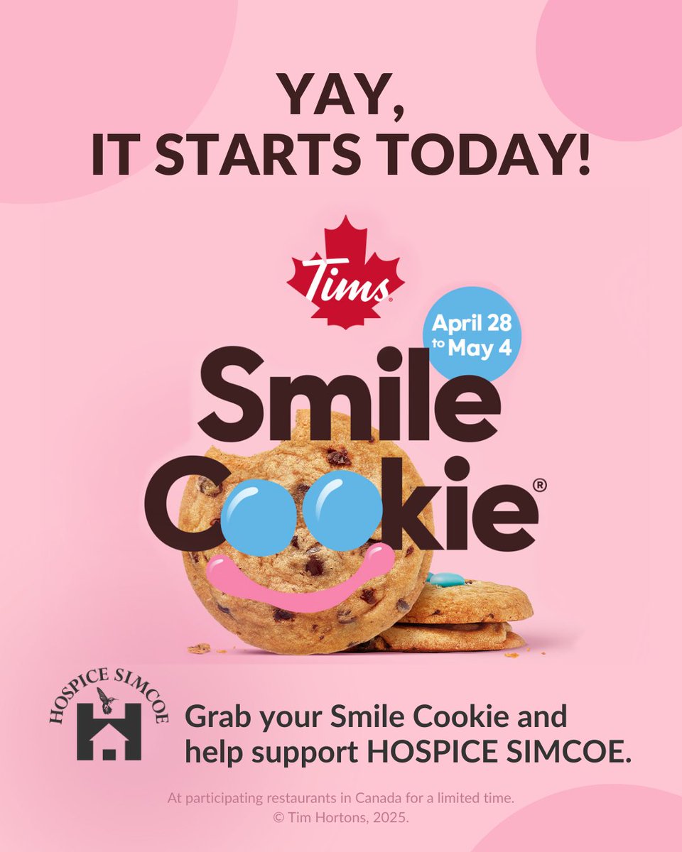 Smile Cookie Campaign is ON! Happening now until May 4!
Grab your Smile Cookies at local Barrie Tim Hortons locations and support Hospice Simcoe’s Programs &amp; Services and the RVH Birthing Unit.
Make every bite count — it’s a delicious way to help your community!
Want to PRE-ORDER