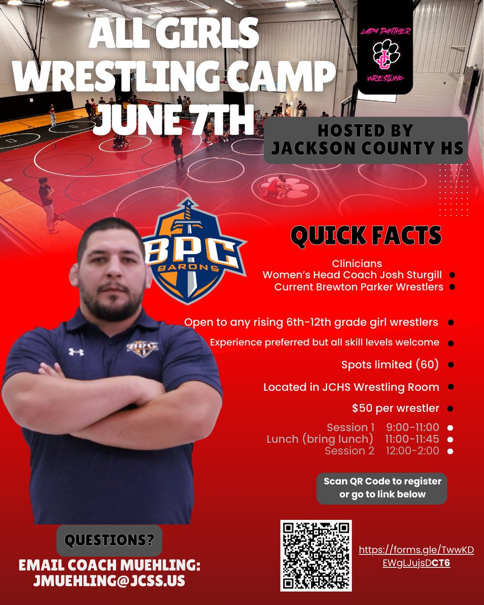 Jackson County HS will be hosting a girls only wrestling clinic on June 7th featuring Brewton Parker HC Josh Sturgill. For this camp we are going to cap it at 60 total wrestlers. See below for details. <a href="/GeorgiaGrappler/">Georgia Grappler</a> <a href="/SeWrestle/">SEWrestle</a>