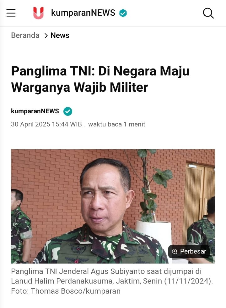 "Ini inget ya, di negara yang maju itu semuanya warga negaranya itu wajib militer. Anda berpikirnya seperti itu saja, Singapura, Korea, semua,"ujar Panglima TNI di gedung DPR RI, Jakarta Pusat, pada Rabu (30/4). 

Mestinya, Panglima TNI menambahkan ujarannya, "Di negara maju,