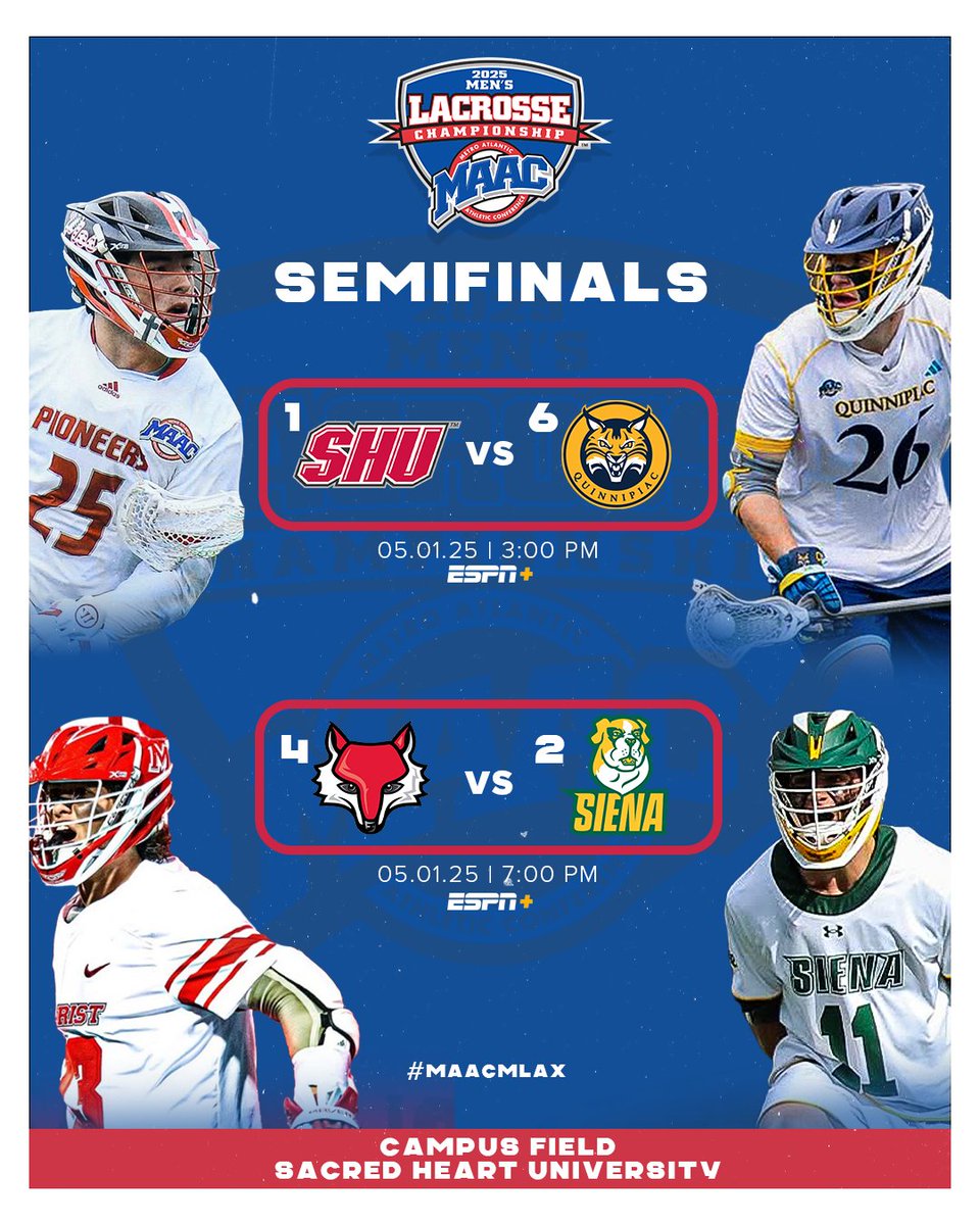 Only four remain — two from Connecticut, two from New York — all chasing a spot in the championship.

The 2025 MAAC Men's Lacrosse semifinals begin tomorrow 🥍

@SHUmenslax 🆚 <a href="/QU_MLAX/">Quinnipiac Men's Lacrosse</a> 
<a href="/Marist_MensLax/">Marist Lacrosse</a> 🆚 <a href="/SienaLacrosse/">Siena Lacrosse</a> 

Catch both games on <a href="/ESPNPlus/">ESPN+</a> 

#MAACMLAX