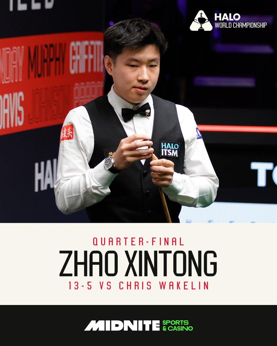 RELENTLESS!

He started in the very first round of qualifiers and now Zhao Xintong finds himself in the semi-finals. 

What a player! He beats Chris Wakelin 13-5.  

#HaloWorldChampionship