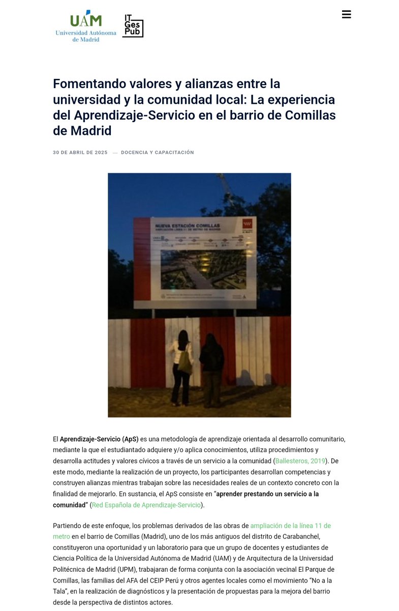 🚀 Lanzamos el post mensual del #BlogITGesPub 📬

💡¿Te interesa la creación de impacto social desde la #academia?

✍️ <a href="/Monecanariona/">Moneyba GM</a> escribe sobre la última experiencia del proyecto "Repensar los barrios de #Madrid" <a href="/UAM_Madrid/">UAM Autónoma Madrid</a> 🤝 <a href="/La_UPM/">Universidad Politécnica de Madrid</a> 

📎 Accede: itgespub.net/fomentando-val…