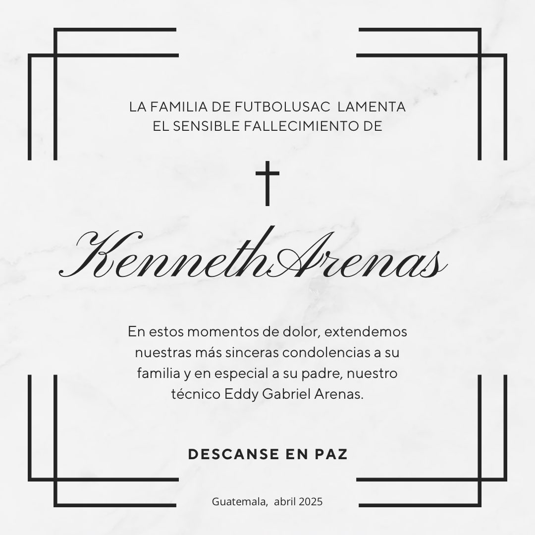 #FutbolUsac lamenta el sensible fallecimiento de Kenneth Arenas Duarte, hijo de nuestro director técnico Eddy Arenas. 

Nos solidarizamos con su familia en estos momentos difíciles.