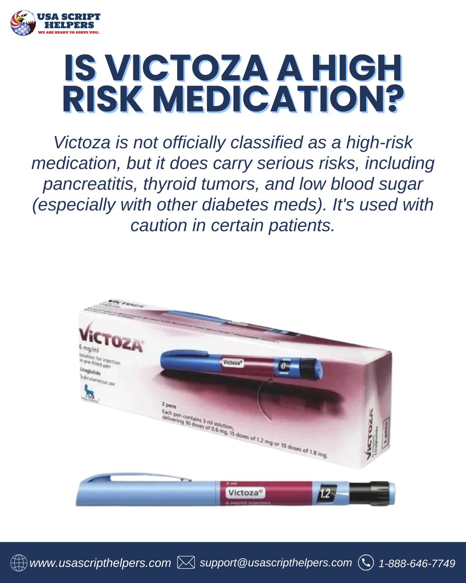 USAScriptHelper's tweet image. 🚨 Is Victoza a High-Risk Medication?
Not exactly—but it does come with serious side effects to watch out for, like thyroid tumors, pancreatitis, and low blood sugar. Always talk to your doctor before starting or stopping any diabetes medication.
#Victoza #DiabetesMedication