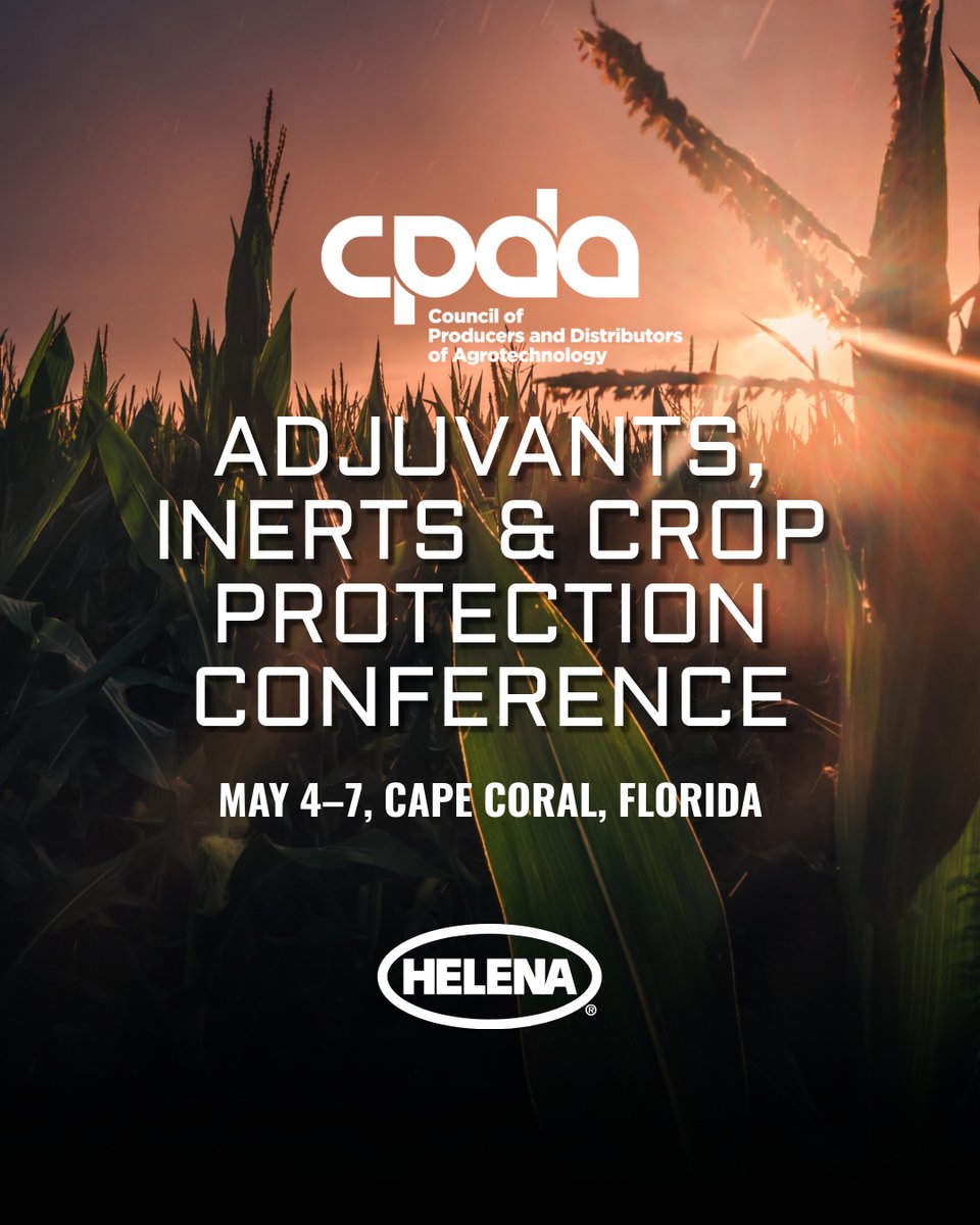 HelenaAgri's tweet photo. The Council of Producers & Distributors of Agrotechnology is hosting its annual Adjuvants, Inerts & Crop Protection Conference — a premier event in crop protection — to help you hear from industry leaders. Register today! https://t.co/AwWmlVb3au
#AICPCapeCoral25 #CPDA https://t.co/G7jZyAPcgY