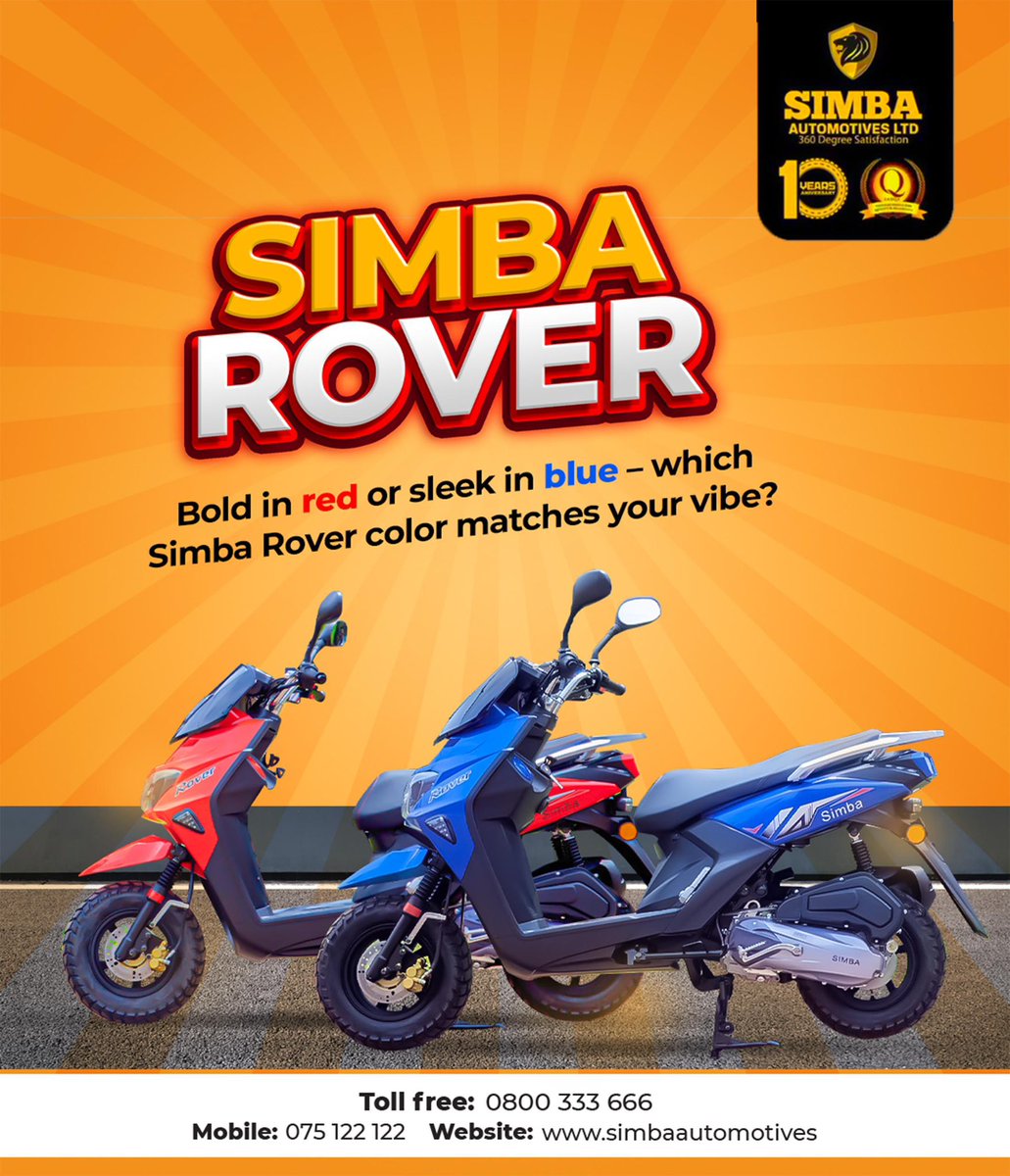 SimbaAutomotiv1's tweet image. Bold in red or sleek in blue? The Simba Rover is turning heads either way! Which color is calling your name?
#SimbaRover #RideWithPower #BoldInRed #SleekInBlue #UgandaBikes #SimbaAutomotives #MadeForTheRoad