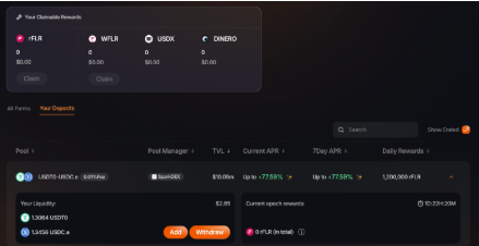 SparkDexAI's tweet image. 5/ Almost there! Now, time for farming.

Go to the &apos;Farm&apos; tab at sparkdex.ai/farm to stake your LP tokens in one of the two corresponding farms. 

Click on &quot;Your Deposits&quot; to see how much your LP position has generated.

That&apos;s it! Now you&apos;re using USD₮0 like a pro.