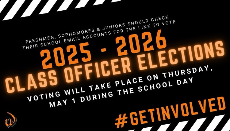 🚨 Attention all freshmen, sophomores and juniors!

Class officer elections will be held tomorrow from 7:45am to 3:00pm. Check your school email tomorrow for the link to vote!

#LeadTheWay #GetInvolved