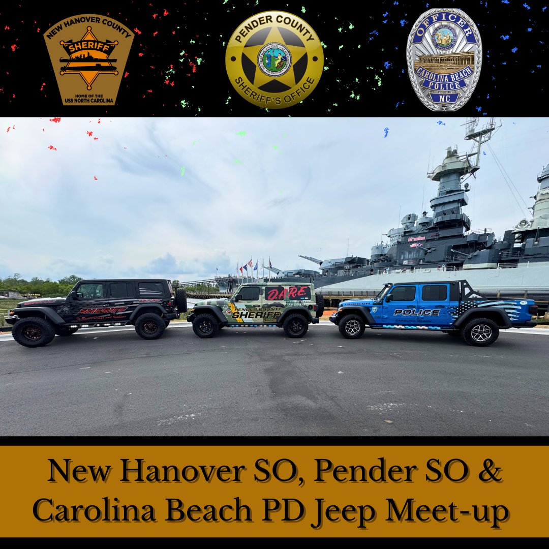 NewHanoverSO's tweet photo. 🚙 On duty &amp; on display.
Deputy Brown (NHSO), Deputy Perdicho (Pender SO), and Officer Ashley Cole (CBPD) drive these community jeeps — used for D.A.R.E. education, beach patrol, and public outreach.

#DARE #CommunityPolicing #NHSO #PenderSO #CBPD https://t.co/00aZGQkD2R