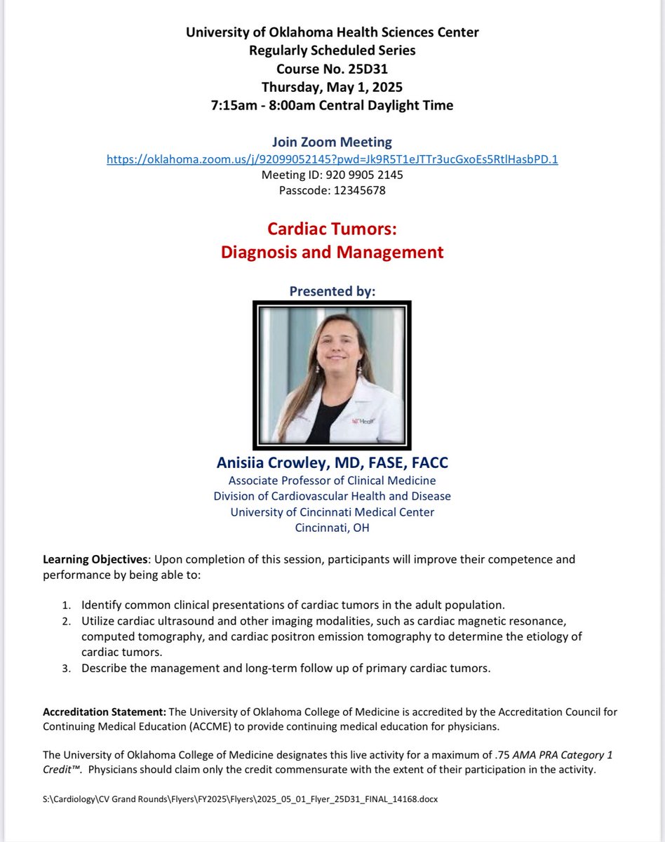 Chittur Sivaram (@casivaram1) on Twitter photo 🫀Delighted to welcome Dr. Anisiia Crowley to OU Virtual CV Grand Rounds on 5/1/25
🫀Topic: Cardiac Tumors Diagnosis & Management
🫀Join us⬇️
oklahoma.zoom.us/j/92099052145?…
<a href="/OUCollegeofMed/">OU College of Medicine</a>
<a href="/AnisiiaCrowley/">Anisiia Crowley, MD</a>
<a href="/purviparwani/">Dr. Purvi Parwani</a>
<a href="/NadeenFaza/">Nadeen N. Faza, M.D.</a>
<a href="/DavidWienerMD/">David H. Wiener, MD</a>
<a href="/BritoCardio/">Daniel Brito MD, FACC</a>
<a href="/iamritu/">Ritu Thamman MD</a> 🫀Delighted to welcome Dr. Anisiia Crowley to OU Virtual CV Grand Rounds on 5/1/25
🫀Topic: Cardiac Tumors Diagnosis & Management
🫀Join us⬇️
oklahoma.zoom.us/j/92099052145?…
<a href="/OUCollegeofMed/">OU College of Medicine</a>
<a href="/AnisiiaCrowley/">Anisiia Crowley, MD</a>
<a href="/purviparwani/">Dr. Purvi Parwani</a>
<a href="/NadeenFaza/">Nadeen N. Faza, M.D.</a>
<a href="/DavidWienerMD/">David H. Wiener, MD</a>
<a href="/BritoCardio/">Daniel Brito MD, FACC</a>
<a href="/iamritu/">Ritu Thamman MD</a>