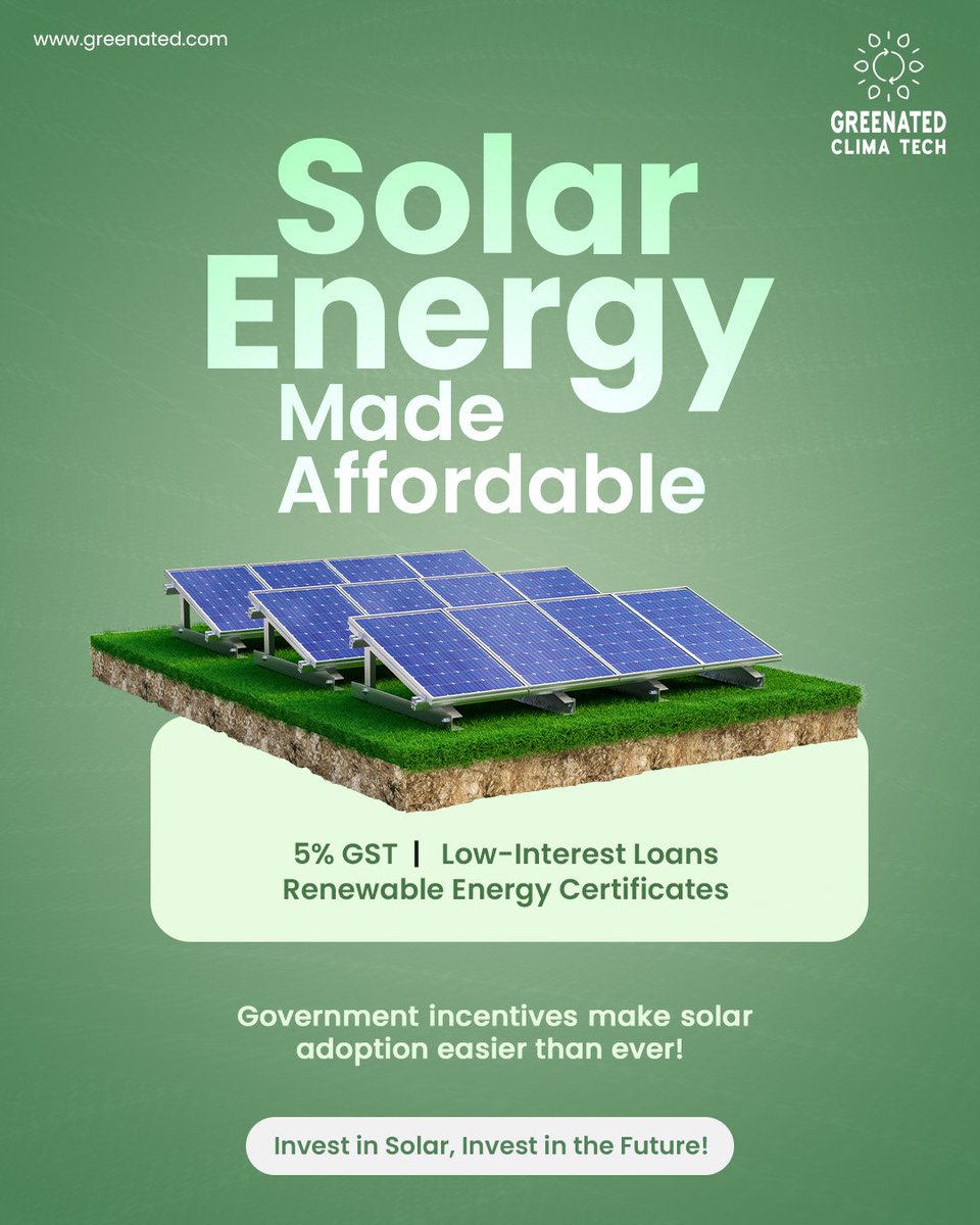 greenated_'s tweet image. Power your future with clean, renewable energy! 

With just 5% GST, low-interest loans, and government incentives, going solar has never been more affordable.

#Greenated #InvestInSolar #GreenEnergy #SustainableLiving #SolarPower #ClimateAction