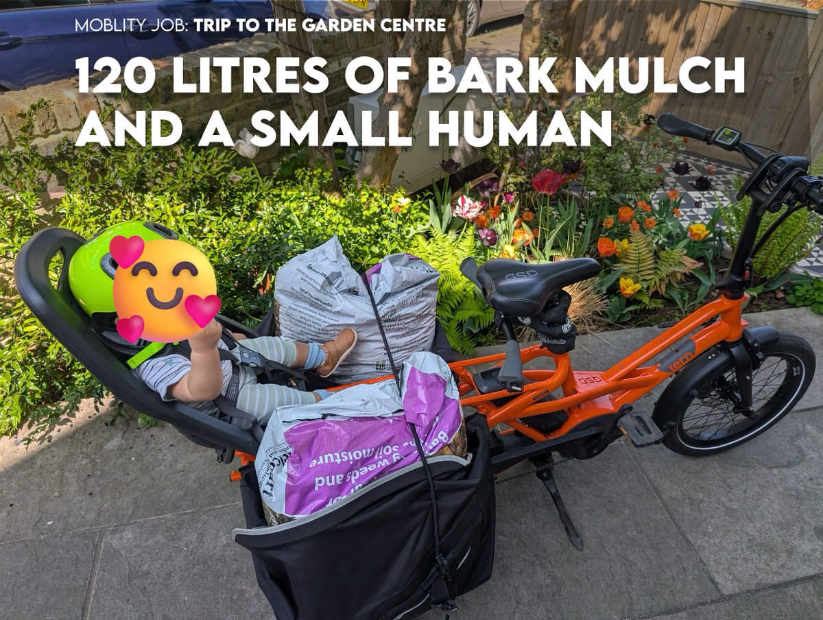 Glorious day for a quick lunchtime haul - transporting a baby and 120 litres of bark mulch back from Croxted Road Garden Centre (3.6 miles round trip - equivalent to 54% of all car trips).

🚤 Faster than a car.
💸 Cheaper than a car.
🌍 Better than a car.