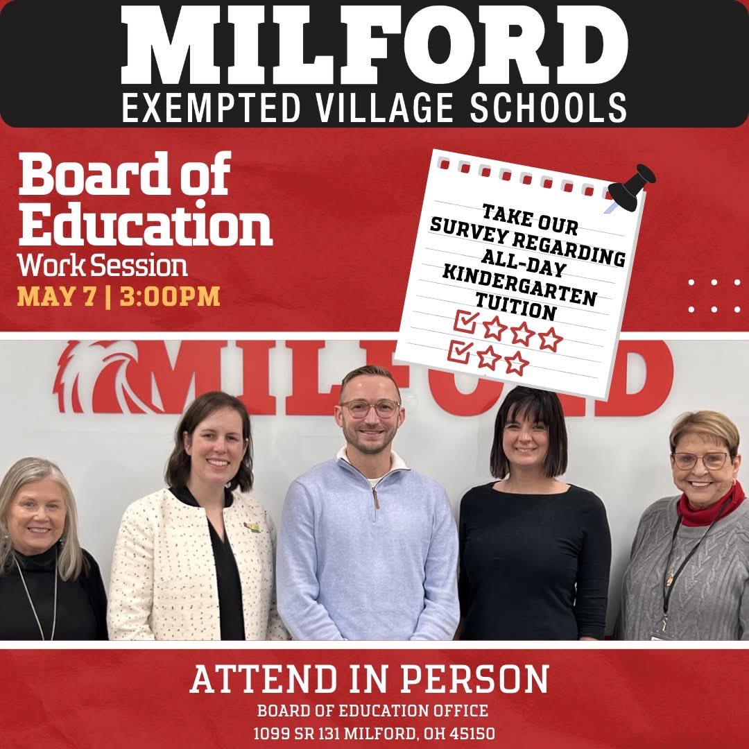 The Milford Board will hold a special work session on Wednesday, May 7 at 3 p.m. at MEVSD Board Office to discuss all-day kindergarten tuition. 

If you would like to share your thoughts, complete the survey at: 

tejoin.com/scroll/2064647…