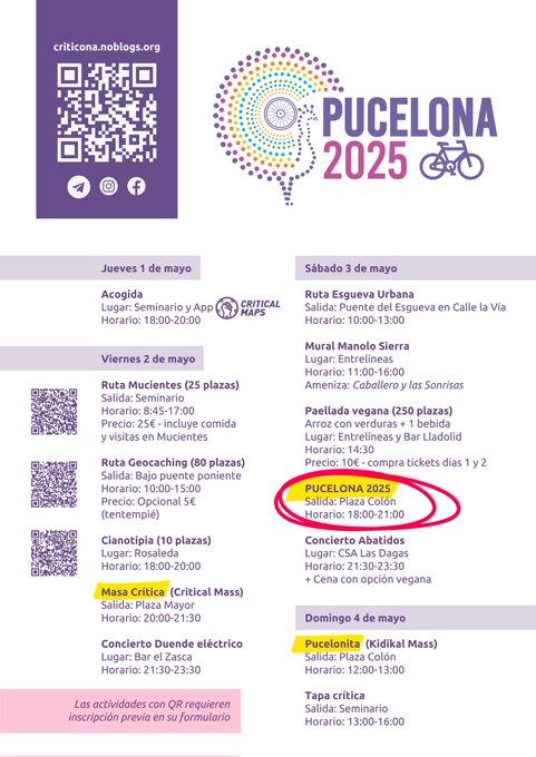 🚴‍♂️Mañana empieza la PUCELONA 2025🚴‍♂️
✨Una concentración reivindicativa del ciclismo como movilidad que se celebra este puente en Valladolid. Únete:
👉Viernes 20.00h Plaza Mayor.
👉Sábado 18:00h Plaza Colón.
👉Domingo 12:00h Plaza Colón 
<a href="/MasaCriticona/">Criticona 2025 Valladolid 🚲 🌏🛼🌍🛹🌎</a>