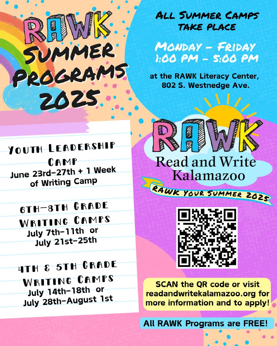 ReadWriteKzoo's tweet image. RAWK Summer Camps are open for registration! Youth entering 4th–8th grade can join our Summer Writing Camp to explore creative writing across genres. High school-aged youth are invited to apply for our Youth Leadership Camp. Register today to write, lead, and RAWK this summer!