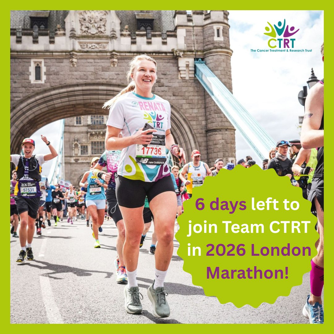 The Cancer Treatment and Research Trust (@ctrtrust) on Twitter photo Just a reminder from us that the deadline to apply to be part of Team CTRT in the 2026 London Marathon is Friday 16th May 2025!
To receive an application form please email info@ctrtrust.co.uk and you will need to have entered the 2026 London Marathon ballot to be considered . Just a reminder from us that the deadline to apply to be part of Team CTRT in the 2026 London Marathon is Friday 16th May 2025!
To receive an application form please email info@ctrtrust.co.uk and you will need to have entered the 2026 London Marathon ballot to be considered .