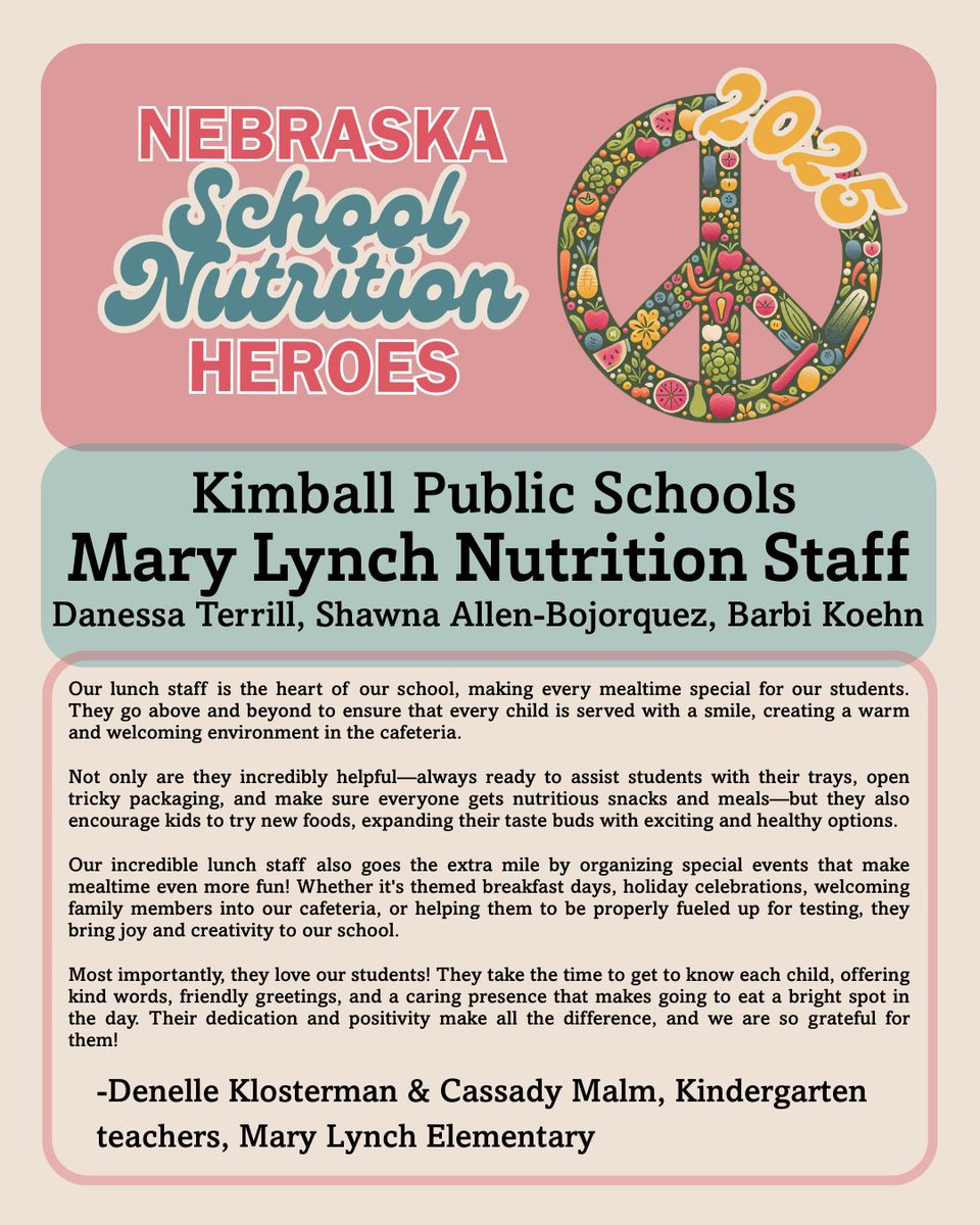 We're also excited to share more stories of Nebraska School Nutrition Heroes from Springfield-Platteview and Kimball Public Schools! See more: bit.ly/2025heroes #NENutritionHeroes