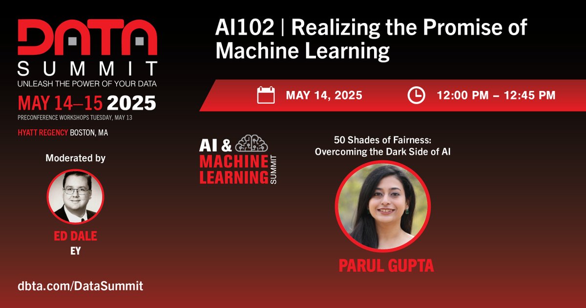 AIMachineSummit's tweet photo. Bias and fairness aren't just buzzwords--at #AIMachineSummit, a co-located event at #DataSummit, Parul Gupta breaks down real-world AI failures and how to fix them with open-source tools. Register with code AIML25 today! https://t.co/VA5k3ZrKpv https://t.co/mGM1xmJZRu