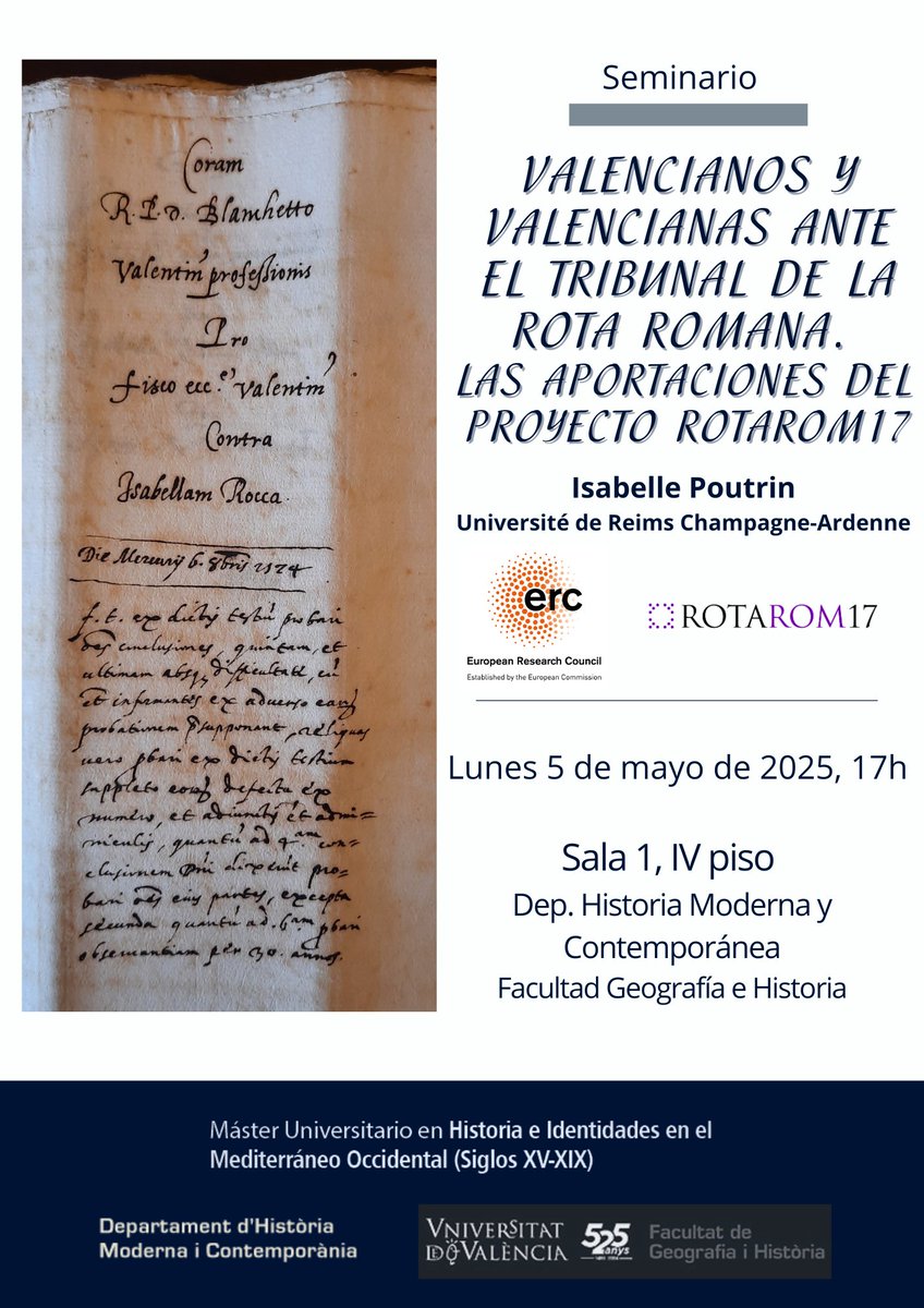 MHIMOXV_XIX's tweet photo. El próximo 5 de mayo a las 17:00h, estará con nosotros Isabelle Poutrin (@Ipoutrin ) en el marco de nuestro máster para ofrecernos una conferencia titulada "Valencianos y valencianas ante el tribunal de la rota romana. Las aportaciones del proyecto ROTAROM17". ¡No os lo perdáis! https://t.co/IIlQTCjEw0