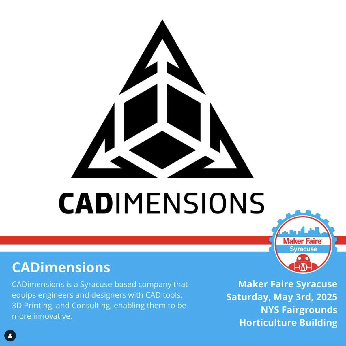 CADimensions's tweet photo. We’re headed to Maker Faire Syracuse this Saturday (May 3) from 10–5 at the NYS Fairgrounds!
Come check out CADimensions + OLLIE in action - 3D printing, design & more! 🔧✨
🎟️ Grab tickets: https://t.co/dIAFSQ5Pej
#MakerFaireSyracuse #CADimensions #3DPrinting #STEM #Innovation https://t.co/4YRWB6rEQ1